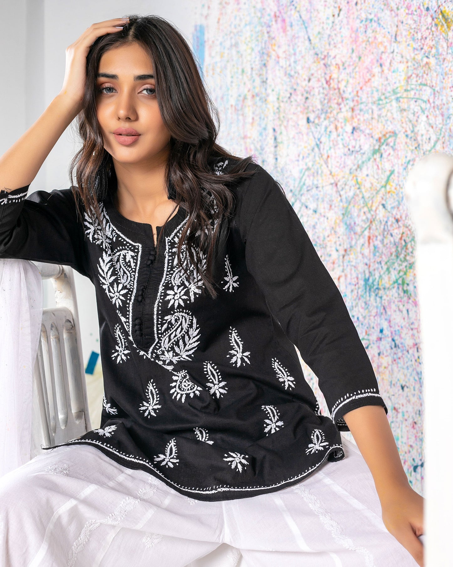 Aafrinish Rimen Hassan Black and white short kurti white sharrara splatter painting