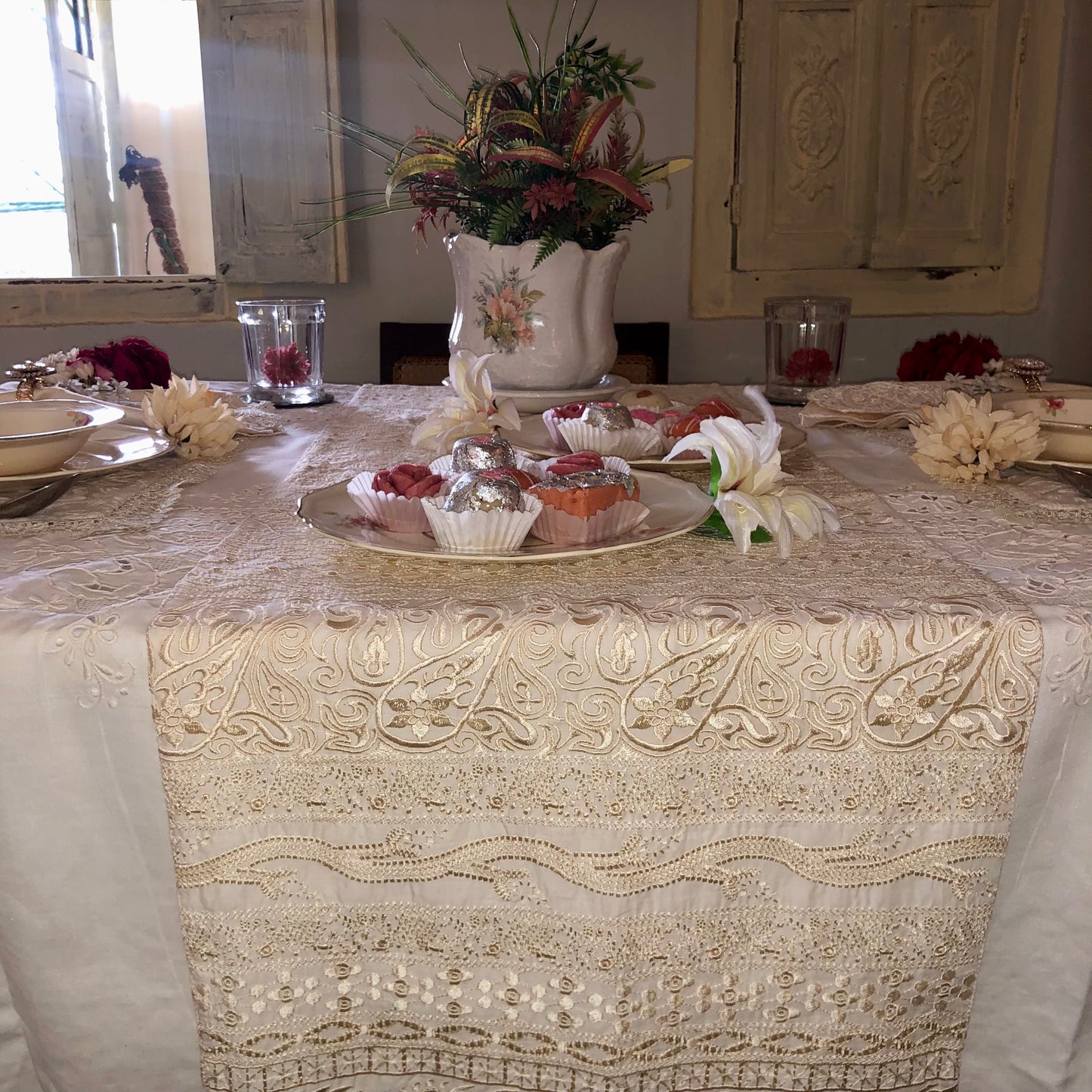 Fawn & Off White Embroidered Runner