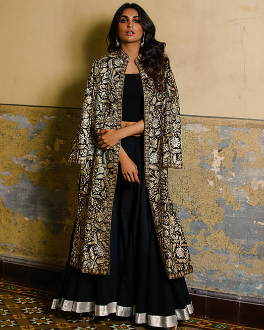 Aamna Ilyas Amna Jacket Embroidery Pakistan Fashion Aafrinish Fine hand embroidery kashmiri Black Jacket Gold Silver Zari Royal Pashmina Peshmina Pitta Tilla