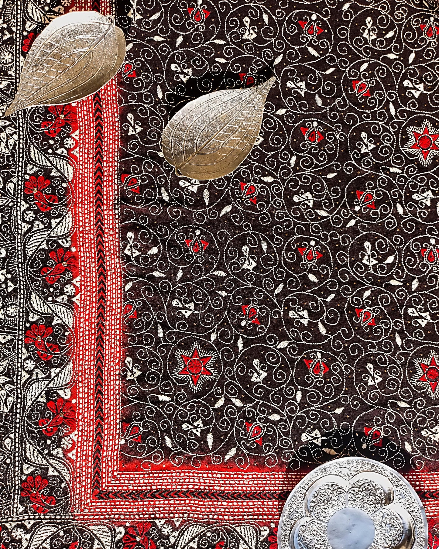 Black and Chilli Red Kantha Dupatta