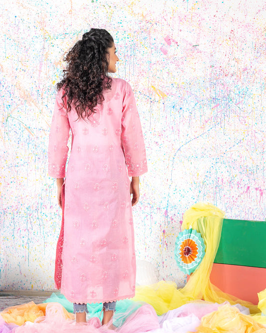 Rehma zaman bubble gum pink Chikan Kari Kurta Pink net Splatter painting smile curly hair