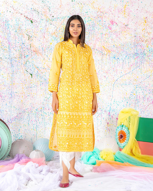 Aafrinish By Niazi Canary Yellow Chikankari Kurta Splatter Painting