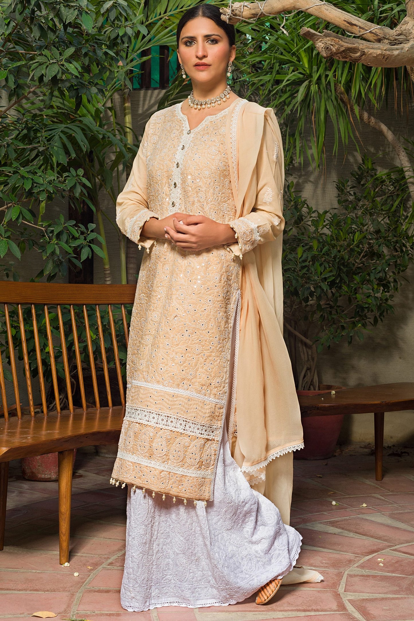 Aafrinish by Niazi Ekra Faiz Elegant Beige Chikankari and Mirror Work Kurta