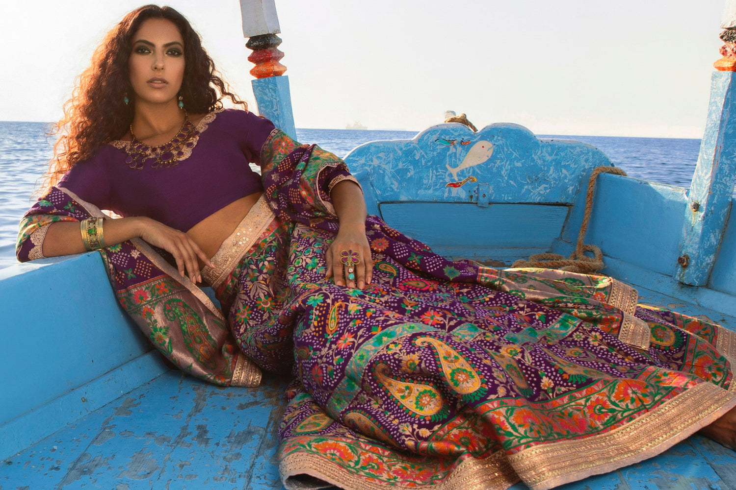Aafrinish By Niazi Nimra Jacob Purple Magic Lehnga Choli Banarasi Meenakari Boat Ocean  Pakistan Fashion Beach