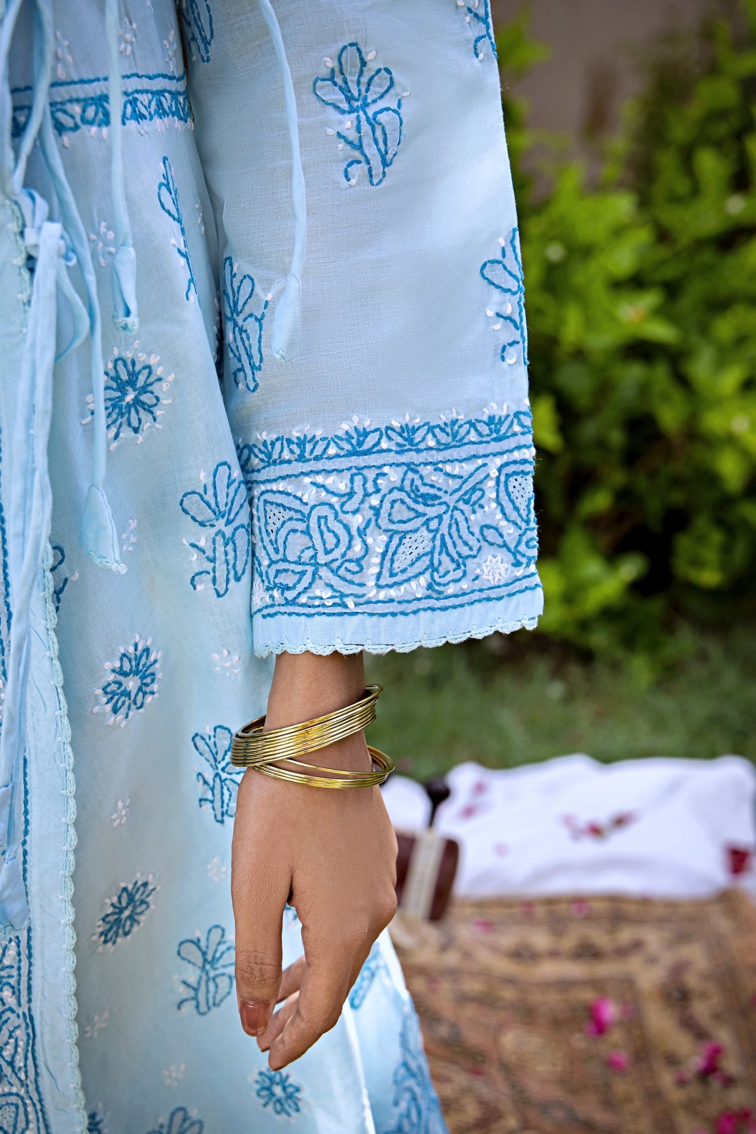 Aafrinish By Niazi Zooni Sheikh Baby Blue Angharkha Outdoor Garden Carpet Sitar