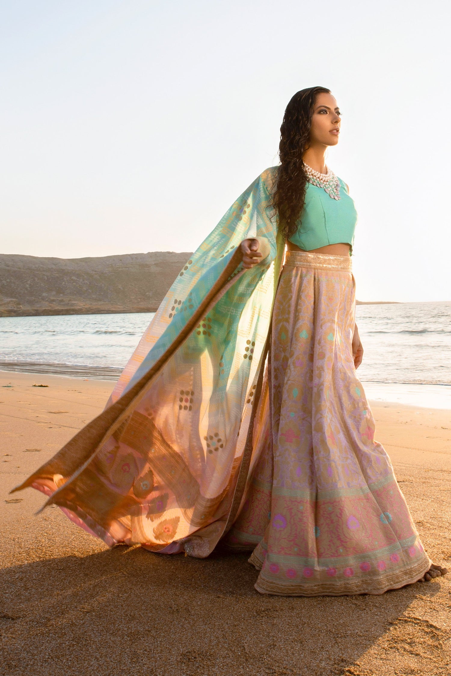 Aafrinish By Niazi Nimra Jacob Gibran Jamshed Mubarak Village Beach Pastel pink, Lavender and Turquoise Lehnga Choli Pakistan Fashion Soothing