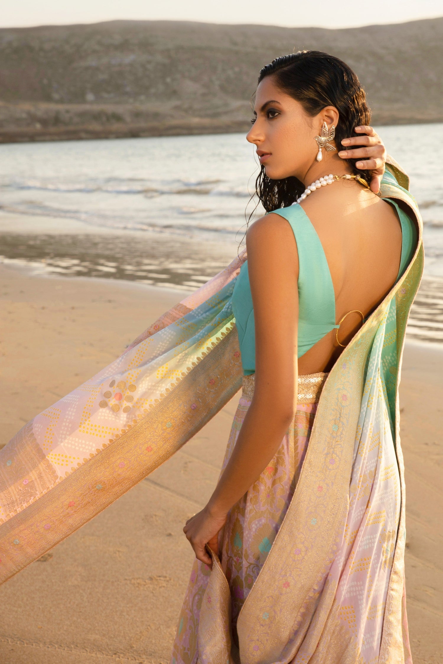 Aafrinish By Niazi Nimra Jacob Gibran Jamshed Mubarak Village Beach Pastel pink, Lavender and Turquoise Lehnga Choli Pakistan Fashion Soothing