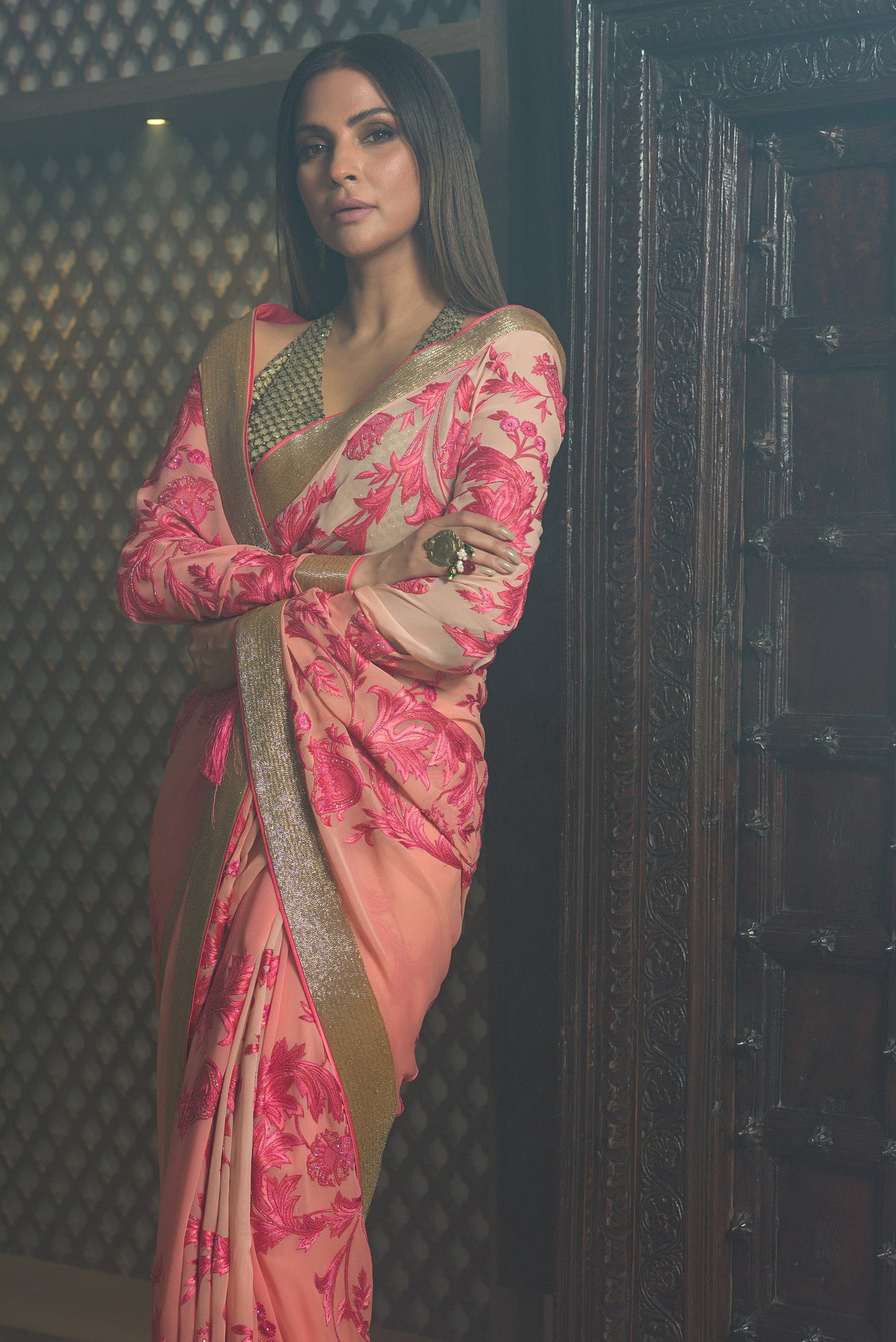 Aafrinish By Niazi Fouzia Aman Pink hand embroidered Kashida Kari Saree Old Havelli 