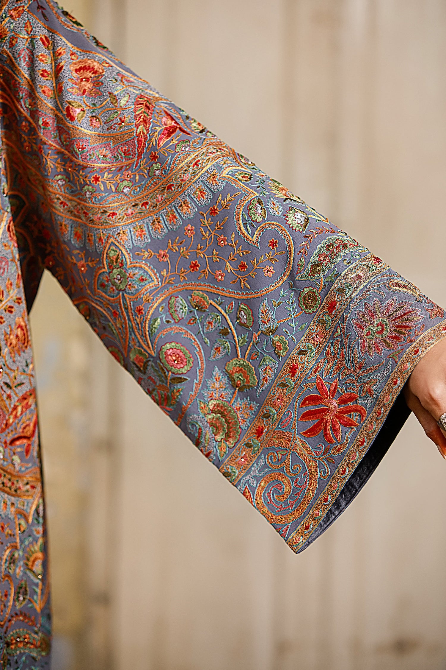Aamna Ilyas Amna Jacket Embroidery Pakistan Fashion Aafrinish Grey Kimono Short Jacket Fine hand embroidery kashmiri  Sleeve