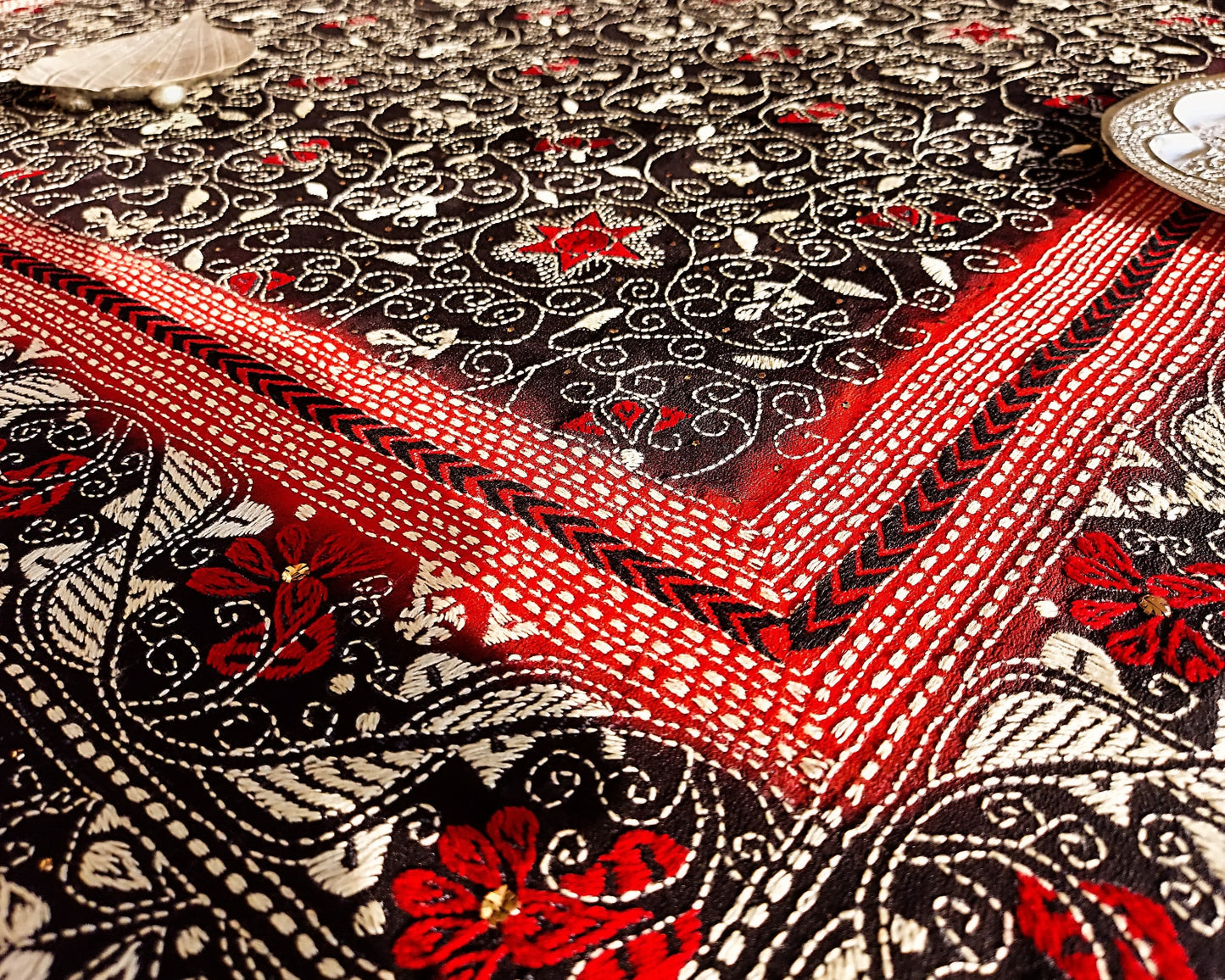 Black and Chilli Red Kantha Dupatta