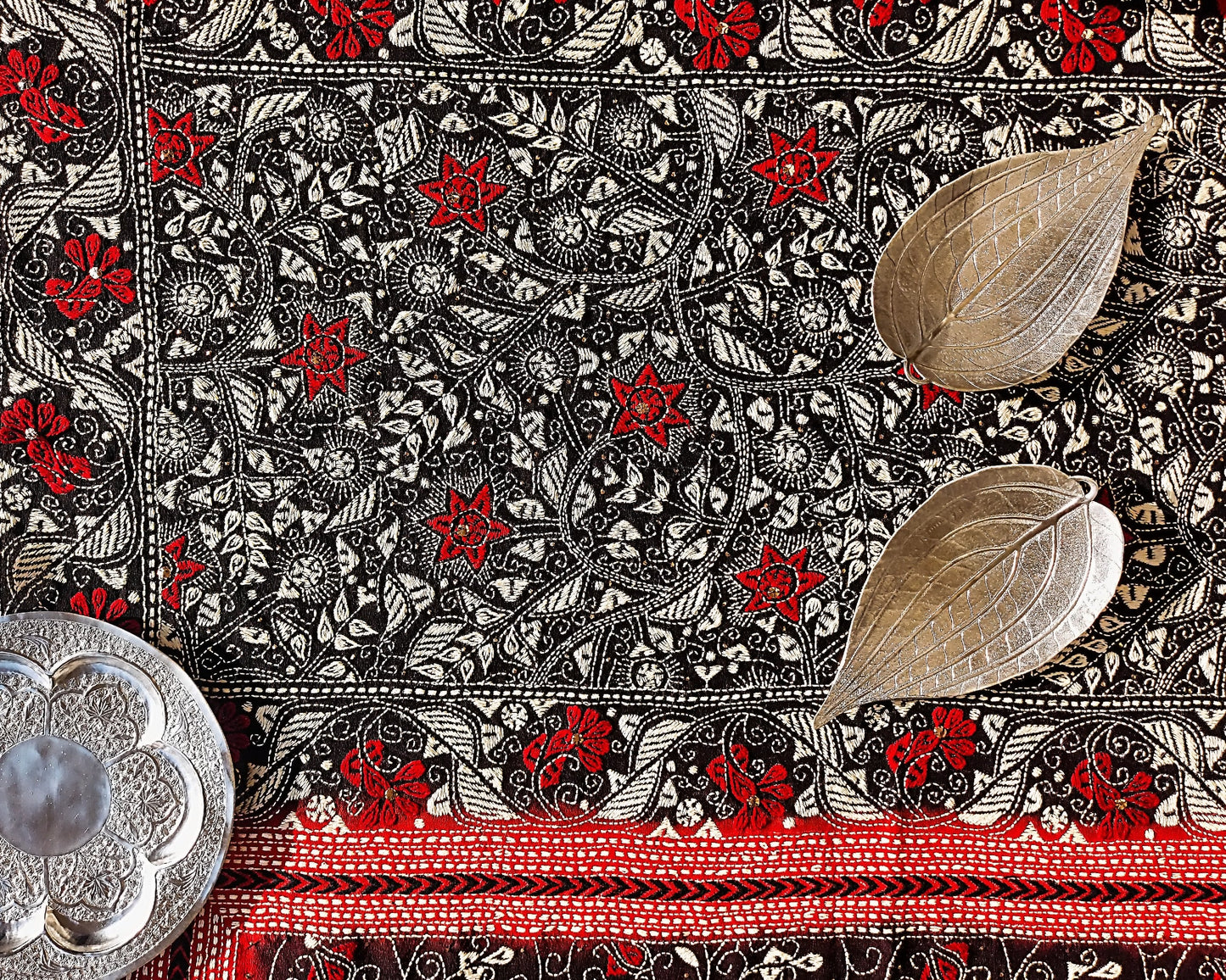 Black and Chilli Red Kantha Dupatta