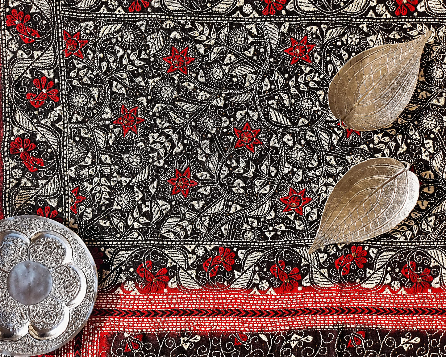 Black and Chilli Red Kantha Dupatta